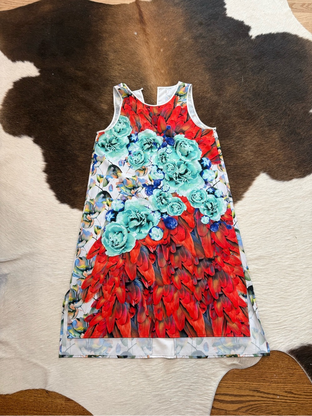 Clover Canyon Red & Teal Floral Feather-Print Sleeveless Dress